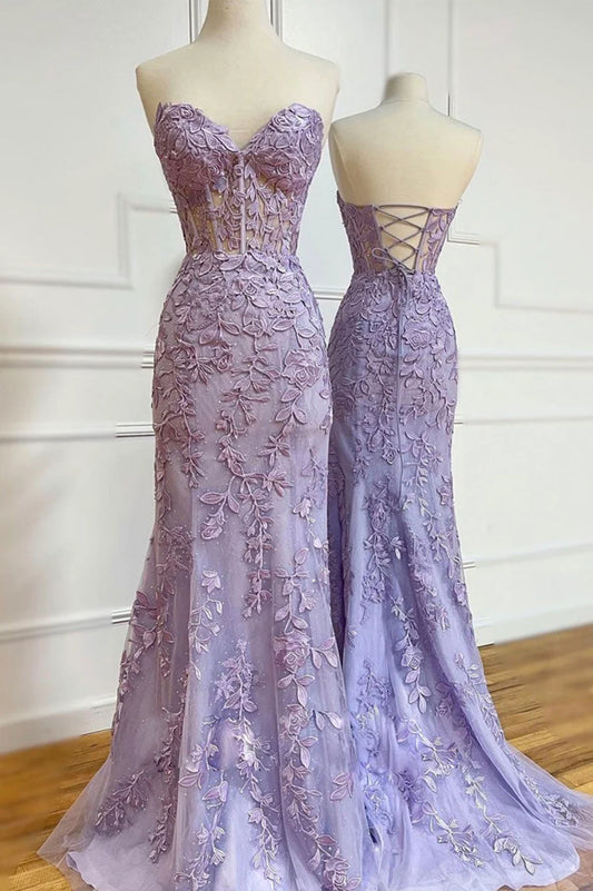 Purple Lace Long Prom Dresses, Mermaid Strapless Evening Dresses nv1455