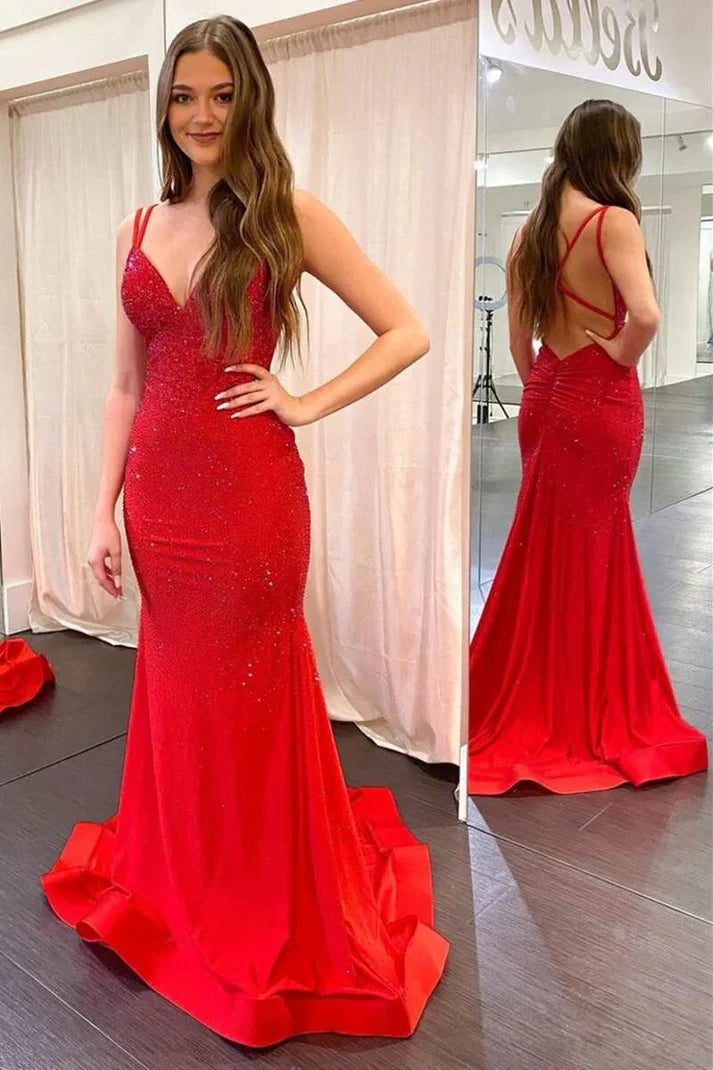 Silver Sparkling Fashion Spaghetti Strap Mermaid Slim Fit Long Ball Gown Backless Yellow Prom Dress Formal Evening Dress Party Dress nv3431