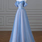 Blue tulle sequined spaghetti strap beaded A-line ball gown evening dress nv1908