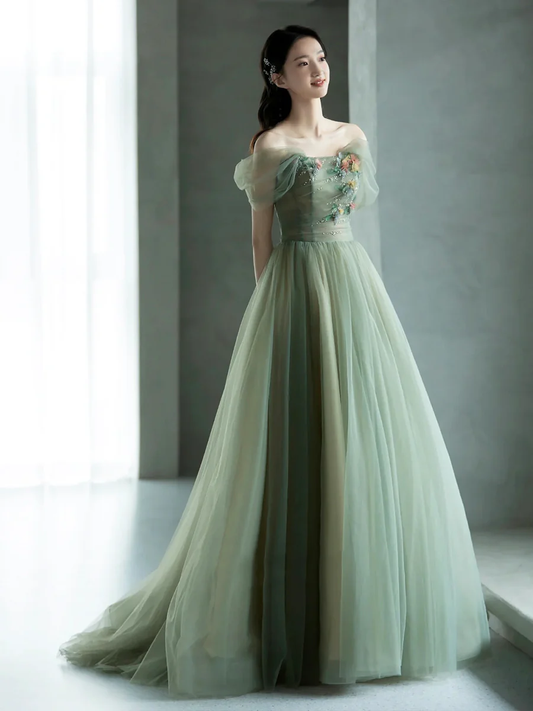 Green Tulle Long Prom Dress, Lovely A-Line Off the Shoulder Evening Party Dress  nv1413