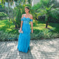 Blue off-the-shoulder short-sleeved tulle ruffled skirt long ball gown evening dress bridesmaid dress wedding guest dress nv2677