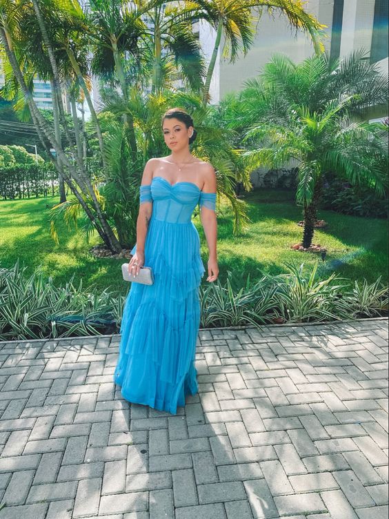 Blue off-the-shoulder short-sleeved tulle ruffled skirt long ball gown evening dress bridesmaid dress wedding guest dress nv2677