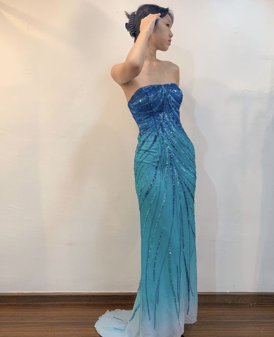 Blue tube top gradient shiny beaded gorgeous elegant long ball gown evening dress nv2760