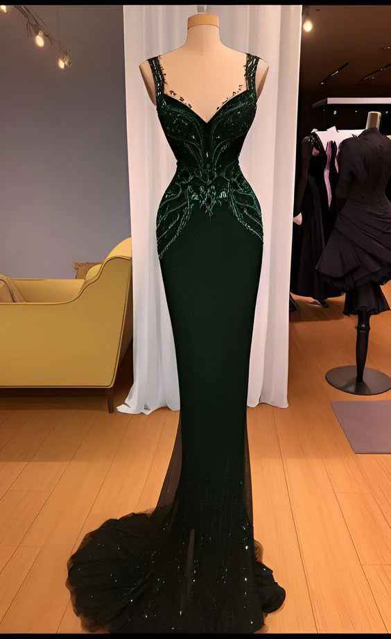 Dark Green Charming Mermaid Strapless Sequined Ball Gown Long Evening Dress nv2046