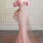 Robe de soirée longue en tulle rose et blanc à paillettes brillantes et queue de poisson pour sirène nv3250