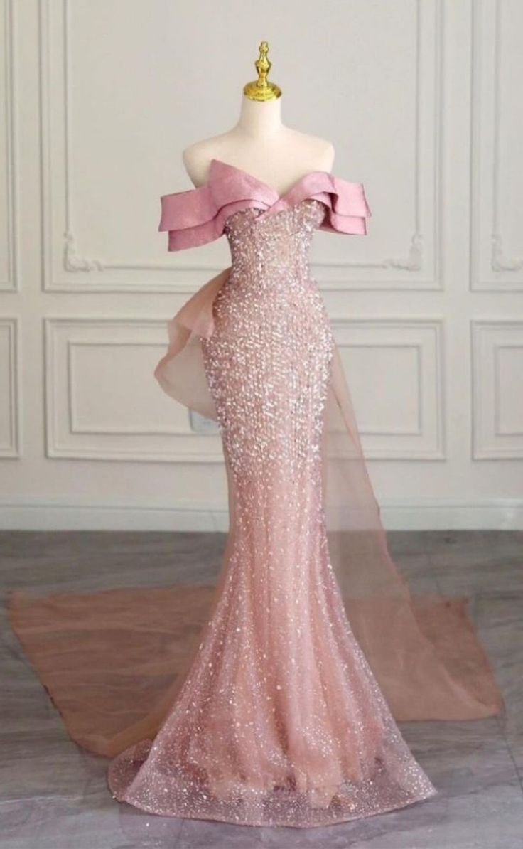 Robe de soirée longue en tulle rose et blanc à paillettes brillantes et queue de poisson pour sirène nv3250