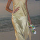 Yellow stylish elegant two-piece long satin ball gown evening dress seaside holiday party dress nv3596