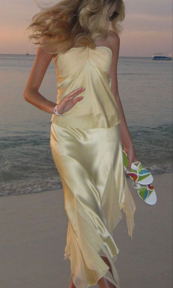 Yellow stylish elegant two-piece long satin ball gown evening dress seaside holiday party dress nv3596