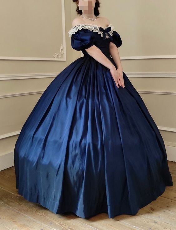 Blue taffeta vintage A-line lace collar blue bow elegant long ball gown prom dress evening gown nv2628