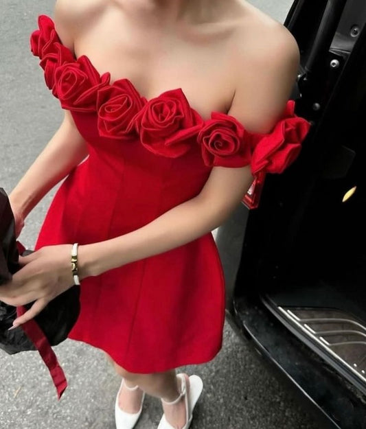 Red Off Shoulder Rose Lace Neckline A-Line Short Mini Homecoming Dress Birthday Christmas Party Dress Princess nv2741