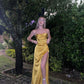 Yellow stylish charming spaghetti straps long slit ball gown evening dress party dress nv2487