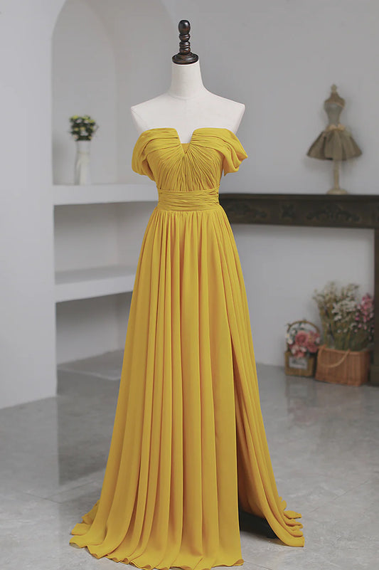 Yellow Chiffon Long Prom Dress, A-Line Off the Shoulder Evening Dress nv1591