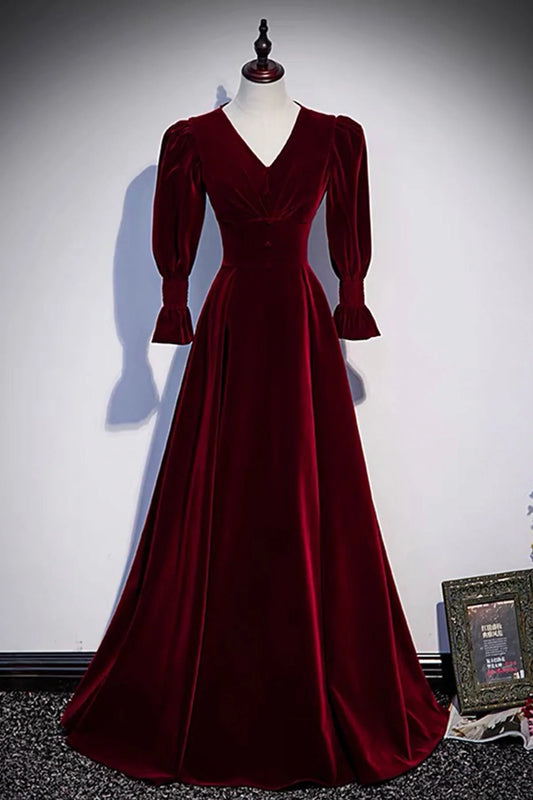 Burgundy Velvet A-line Long Sleeve Evening Gown Ball Gown nv2183