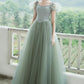 Cute Tulle Long Prom Dresses, A-Line Short Sleeve Graduation Dresses nv1600