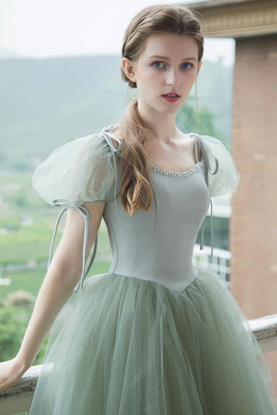 Cute Tulle Long Prom Dresses, A-Line Short Sleeve Graduation Dresses nv1600