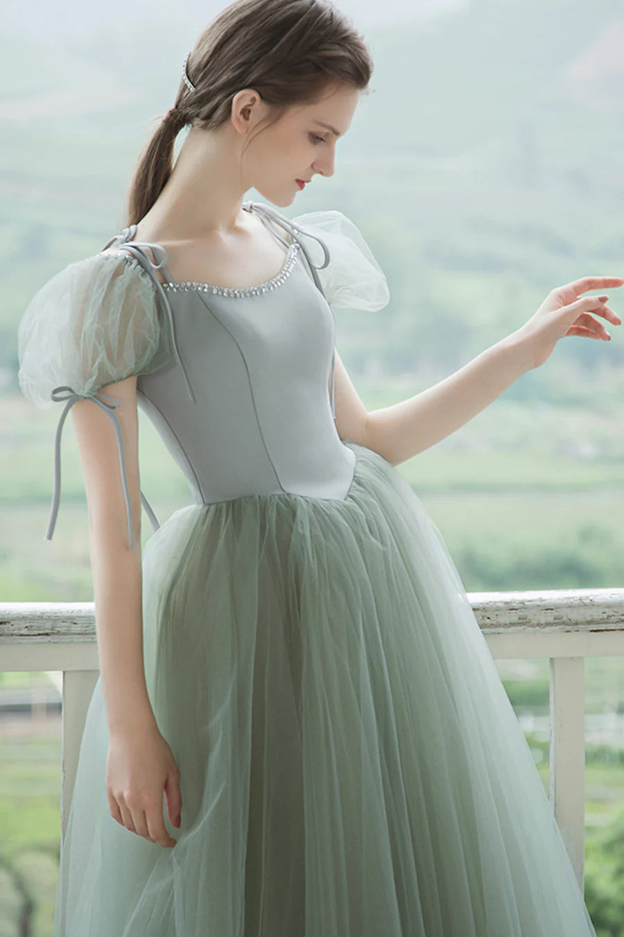 Cute Tulle Long Prom Dresses, A-Line Short Sleeve Graduation Dresses nv1600