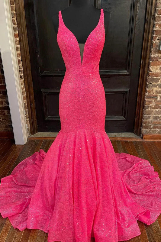 Mermaid Sequins Long Prom Dresses, V-Neck Evening Party Dresses nv1456