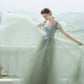 Cute Tulle Long Prom Dresses, A-Line Short Sleeve Graduation Dresses nv1600