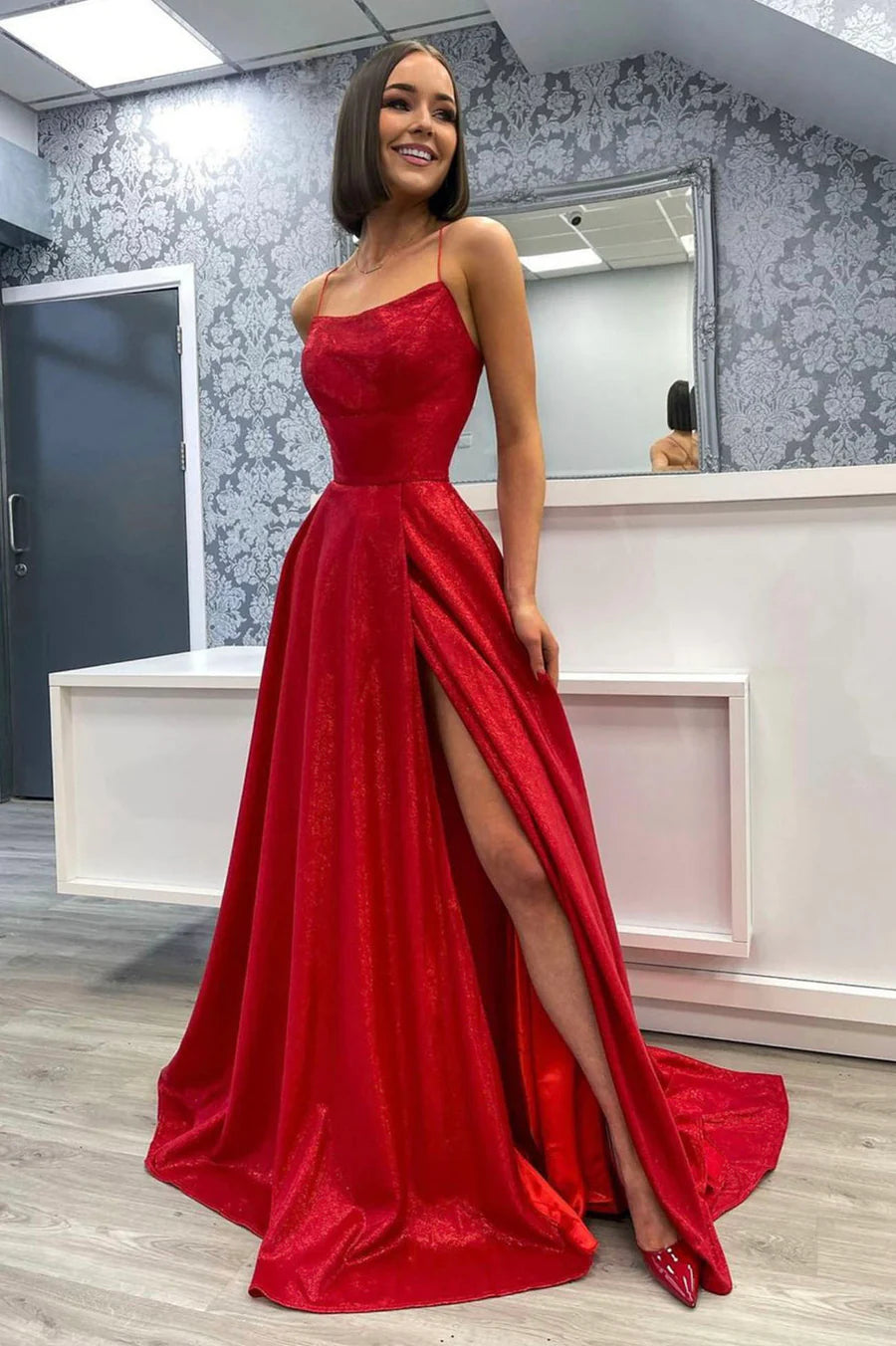 Red Satin Long A-Line Prom Dress, Red Backless Evening Dress with Slit nv1563