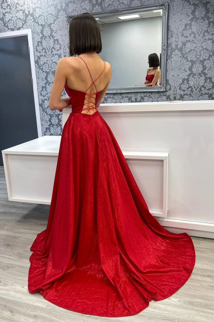 Red Satin Long A-Line Prom Dress, Red Backless Evening Dress with Slit nv1563