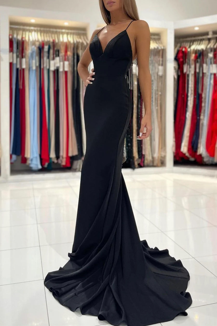 Black V-Neck Long Mermaid Prom Dress, Black Backless Evening Dress nv1450