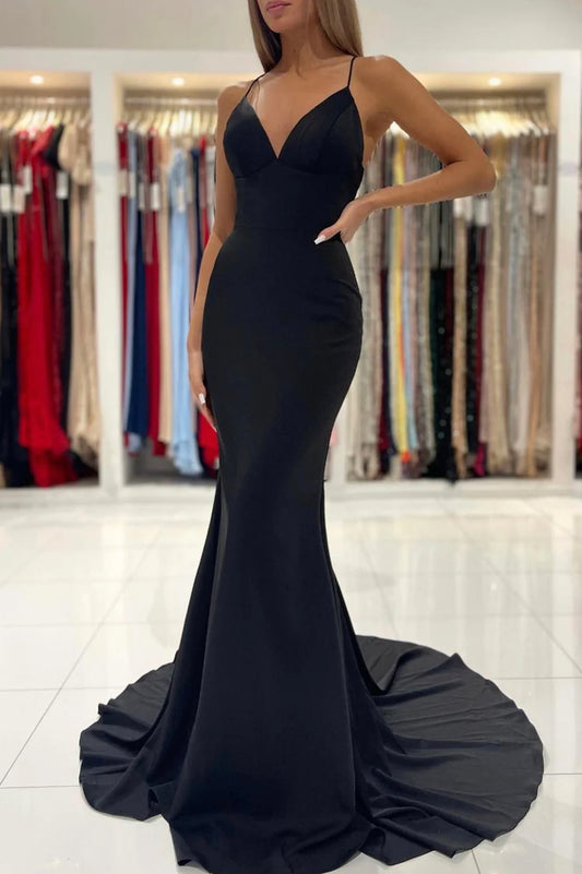 Black V-Neck Long Mermaid Prom Dress, Black Backless Evening Dress nv1450