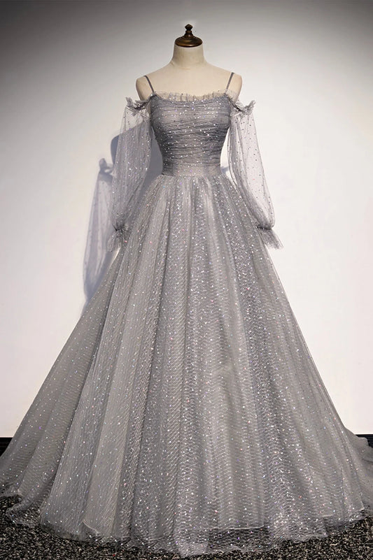 Gray Tulle Sequins Long A Line Prom Dress Evening Dress Long Prom Dress, Long Sleeve Evening Dress nv1727