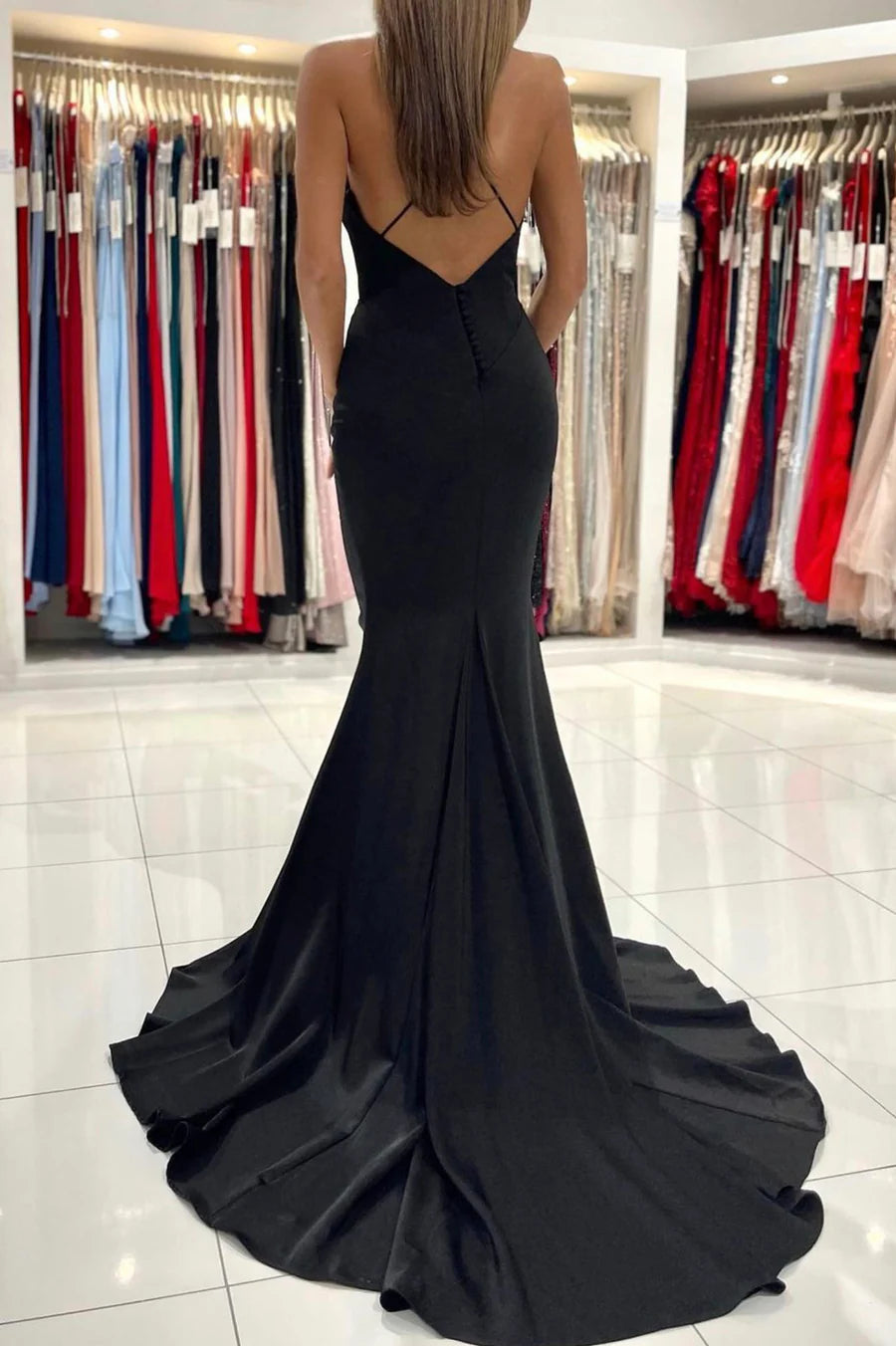 Black V-Neck Long Mermaid Prom Dress, Black Backless Evening Dress nv1450