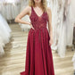 Burgundy Chiffon Beading Long Prom Dresses, A-Line Evening Dresses nv1452