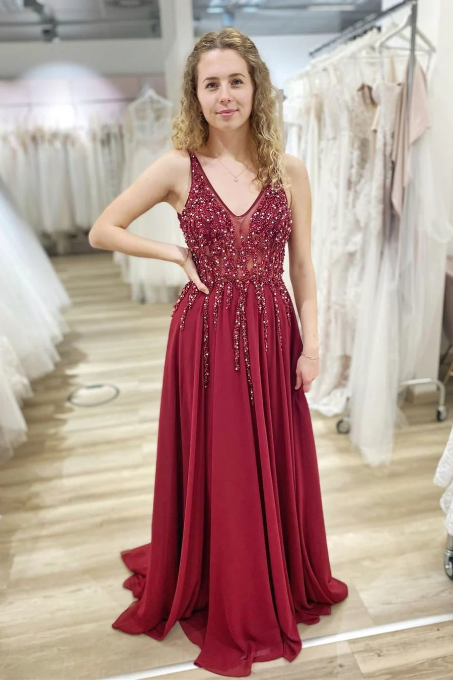 Burgundy Chiffon Beading Long Prom Dresses, A-Line Evening Dresses nv1452