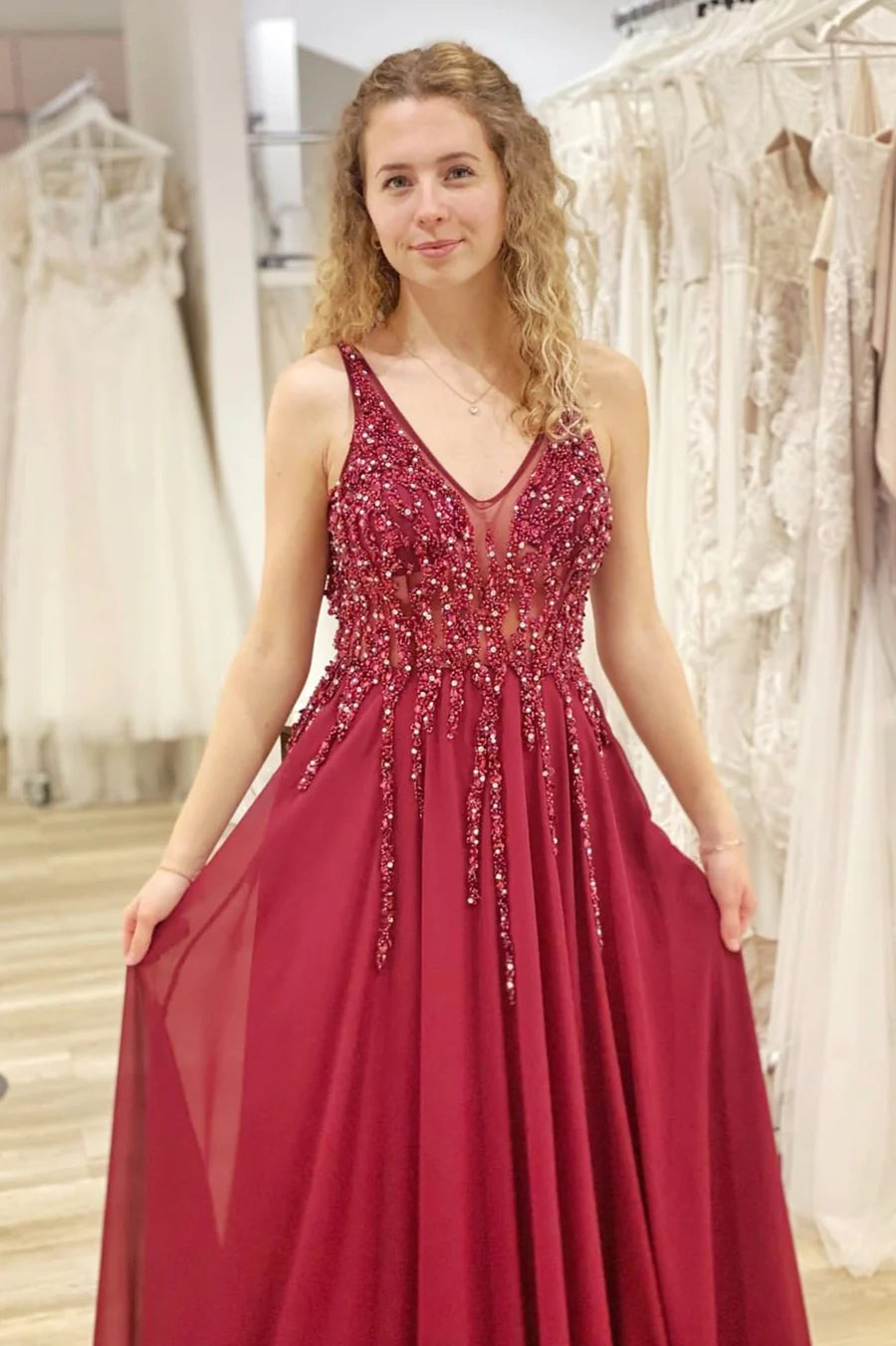 Burgundy Chiffon Beading Long Prom Dresses, A-Line Evening Dresses nv1452