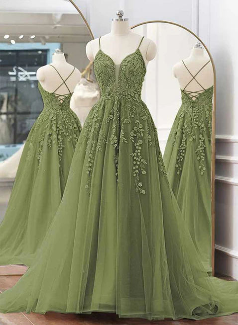 A-line Spaghetti Straps Sweep Train Prom Dress, Sage Green Tulle Formal Dress nv1580