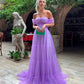 Purple A-line Off Shoulder Formal Evening Gown Tulle Long Ball Gown nv2202