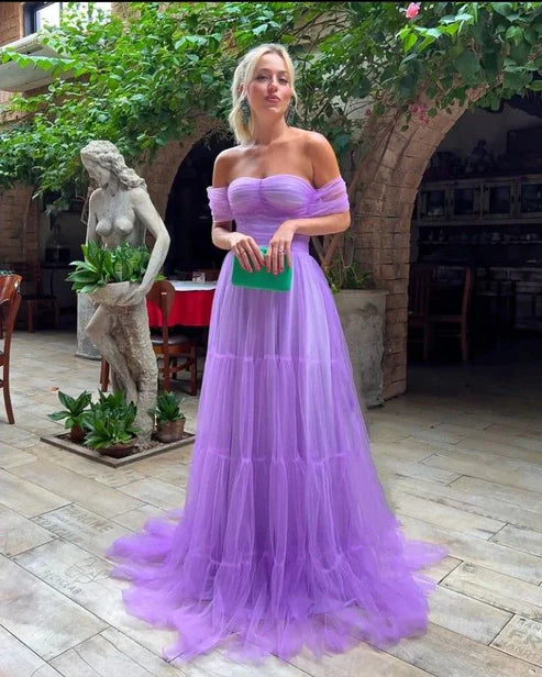 Purple A-line Off Shoulder Formal Evening Gown Tulle Long Ball Gown nv2202