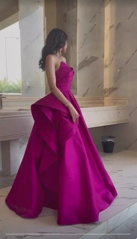 Fuchsia Sleeveless Simple Elegant A-line Satin Long Ball Gown Evening Gown Party Dress nv2341