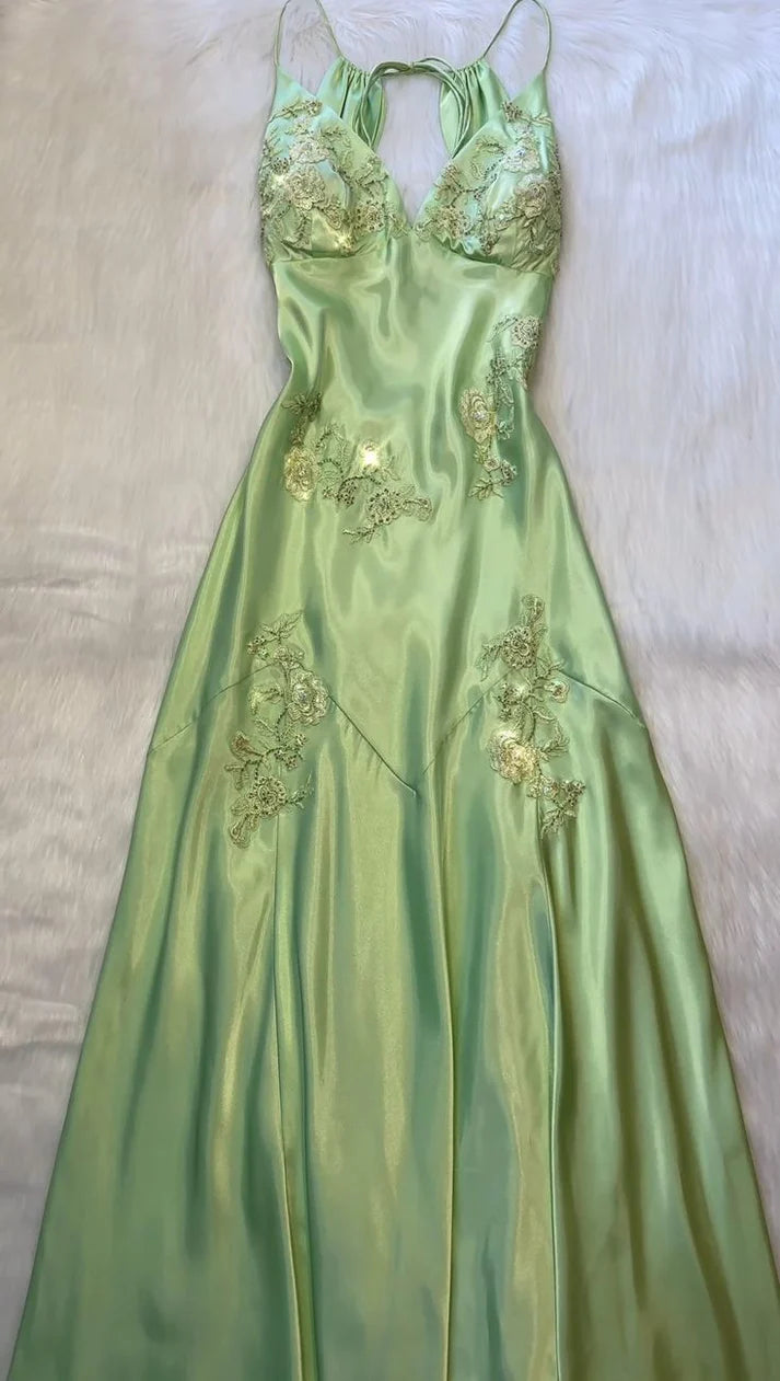 Sage Green Vintage V Neck Beaded Long Party Dress Evening Gown Prom Dress nv2045