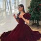 Red V-neck velvet puff sleeves short sleeves beaded A-line dress elegant prom dress graduation dress homecoming dress Christmas party dress nv2380