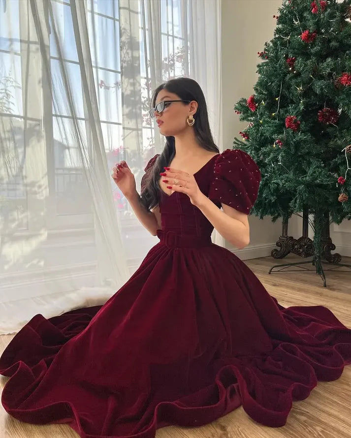 Red V-neck velvet puff sleeves short sleeves beaded A-line dress elegant prom dress graduation dress homecoming dress Christmas party dress nv2380