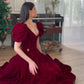 Red V-neck velvet puff sleeves short sleeves beaded A-line dress elegant prom dress graduation dress homecoming dress Christmas party dress nv2380