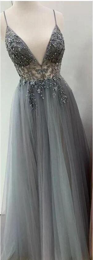 A Line V Neck Grey Beaded Long Prom Dress with Split,Formal Dresses nv1577