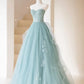 Cute Tulle Strapless Long Prom Dress, A-Line Lace Formal Evening Dress nv1590