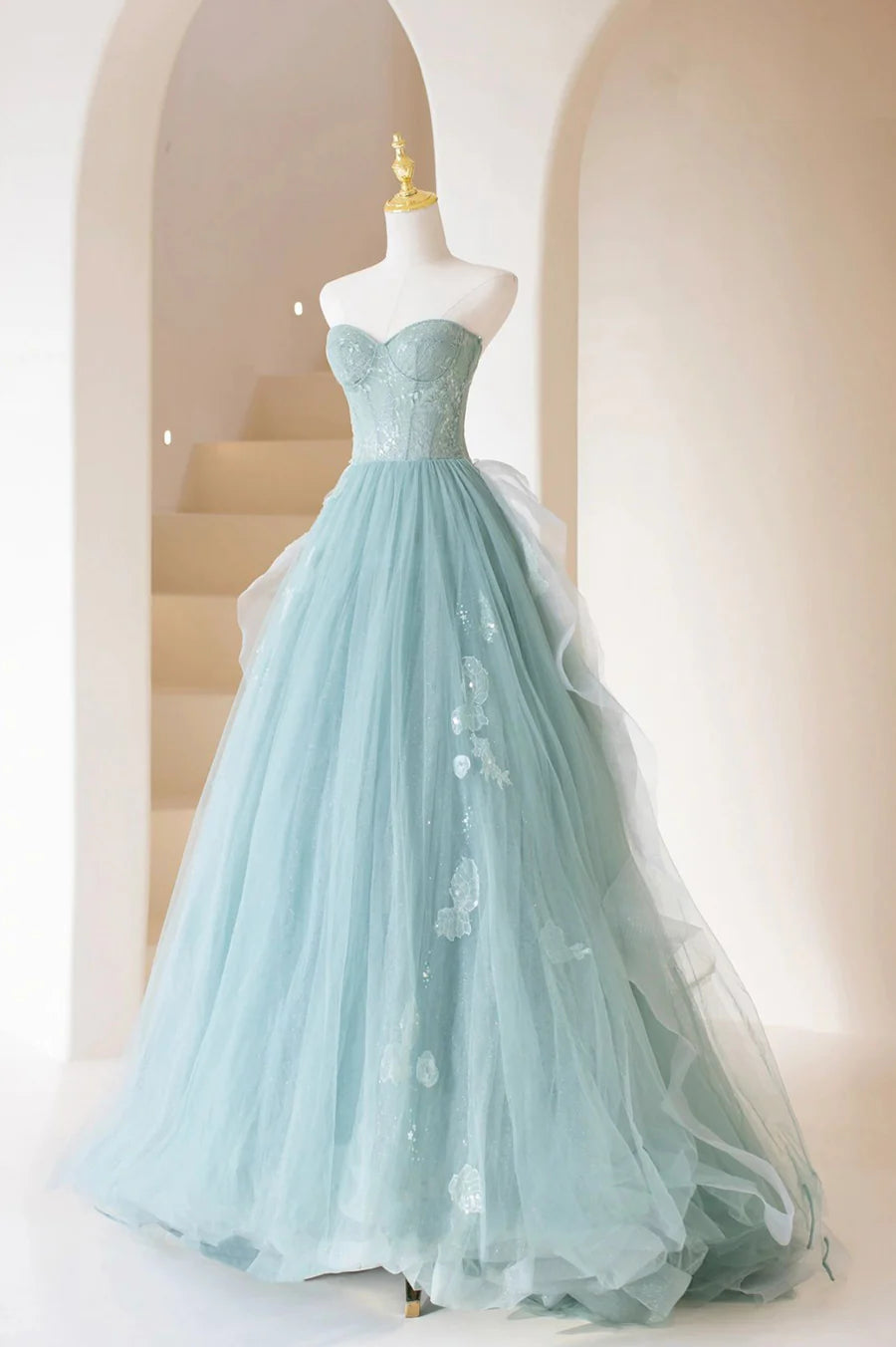 Cute Tulle Strapless Long Prom Dress, A-Line Lace Formal Evening Dress nv1590