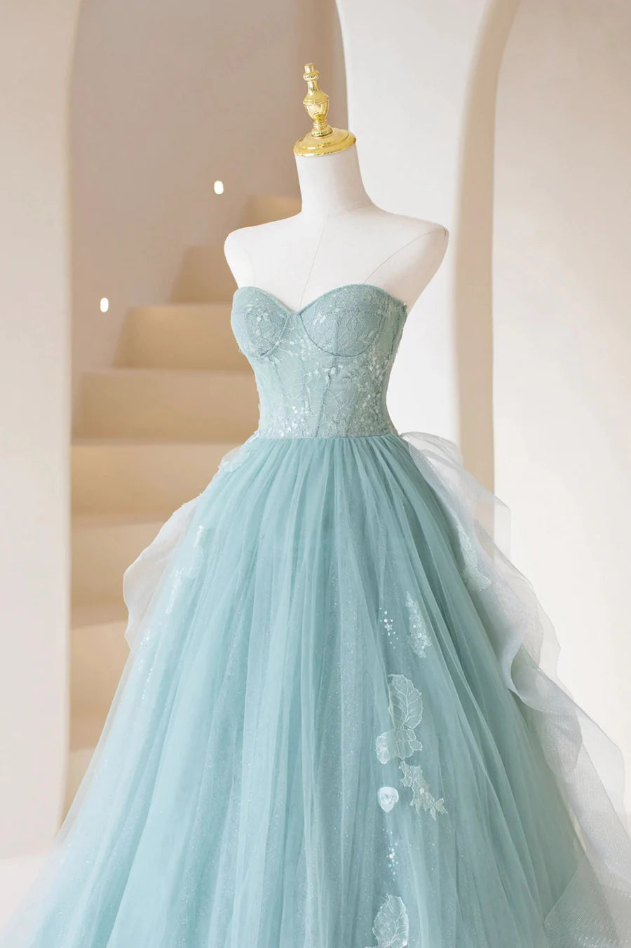 Cute Tulle Strapless Long Prom Dress, A-Line Lace Formal Evening Dress nv1590