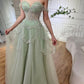 Green tulle shiny sequins sweetheart neck long prom dress evening dress nv2709