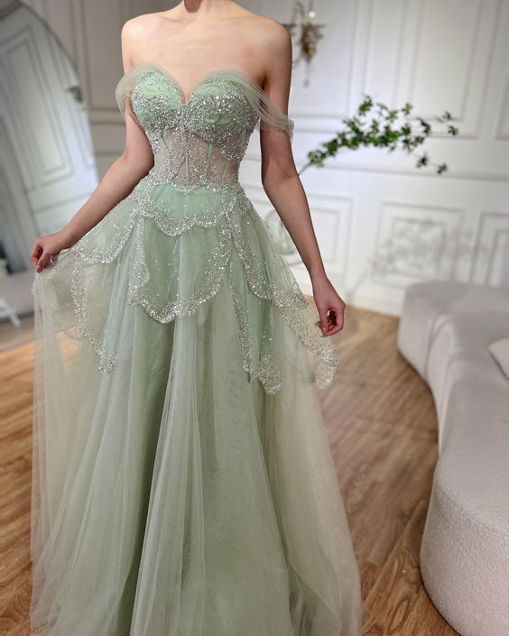 Green tulle shiny sequins sweetheart neck long prom dress evening dress nv2709