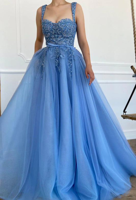 Exquisite 3D Flowers Beads Blue Long Prom Dresses Sweetheart Tulle Bow Sash Floor Length Evening Gowns  nv1641