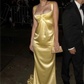 Yellow strappy satin long party dress formal evening gown nv1839