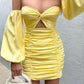 Yellow sweetheart neck tube top hollow off-shoulder waist fashion tight short sleeve short mini homecoming dress prom dress evening dress party dress nv2357