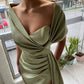 V Neck Pleated Slit Ball Gown Bodycon Off Shoulder Pleated Satin Long Formal Evening Gown nv1755