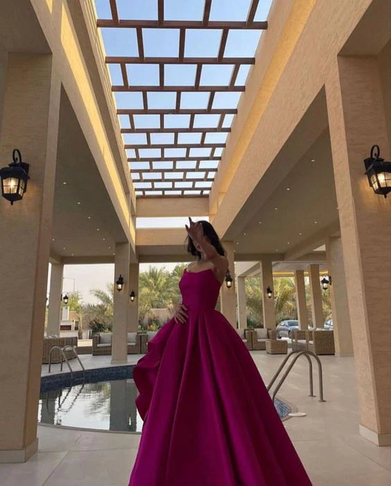 Robe de soirée longue en satin fuchsia sans manches, simple et élégante, coupe trapèze, nv2341